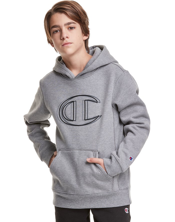 Champion Boys Hoodie NZ - Reverse Weave Fleece Vibrating Logo Dark Grey ( 5107-LAWUO )